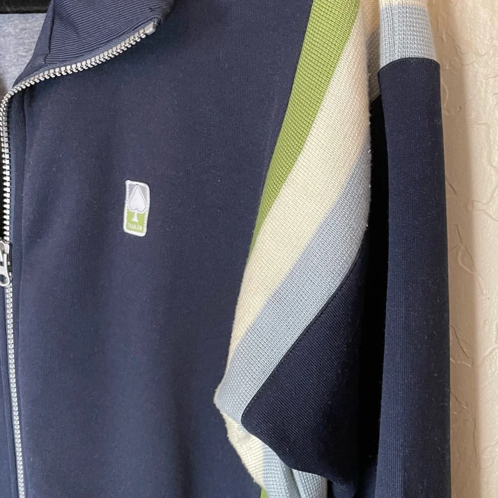 Trailer Vintage Fit Navy with Green White Blue Stripes Down Sides Double Zip Med